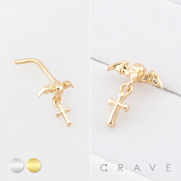 GOTHIC BAT SKULL DANGLING CROSS NOSE STUD 316L SURGICAL STEEL L-SHAPE NOSE RING